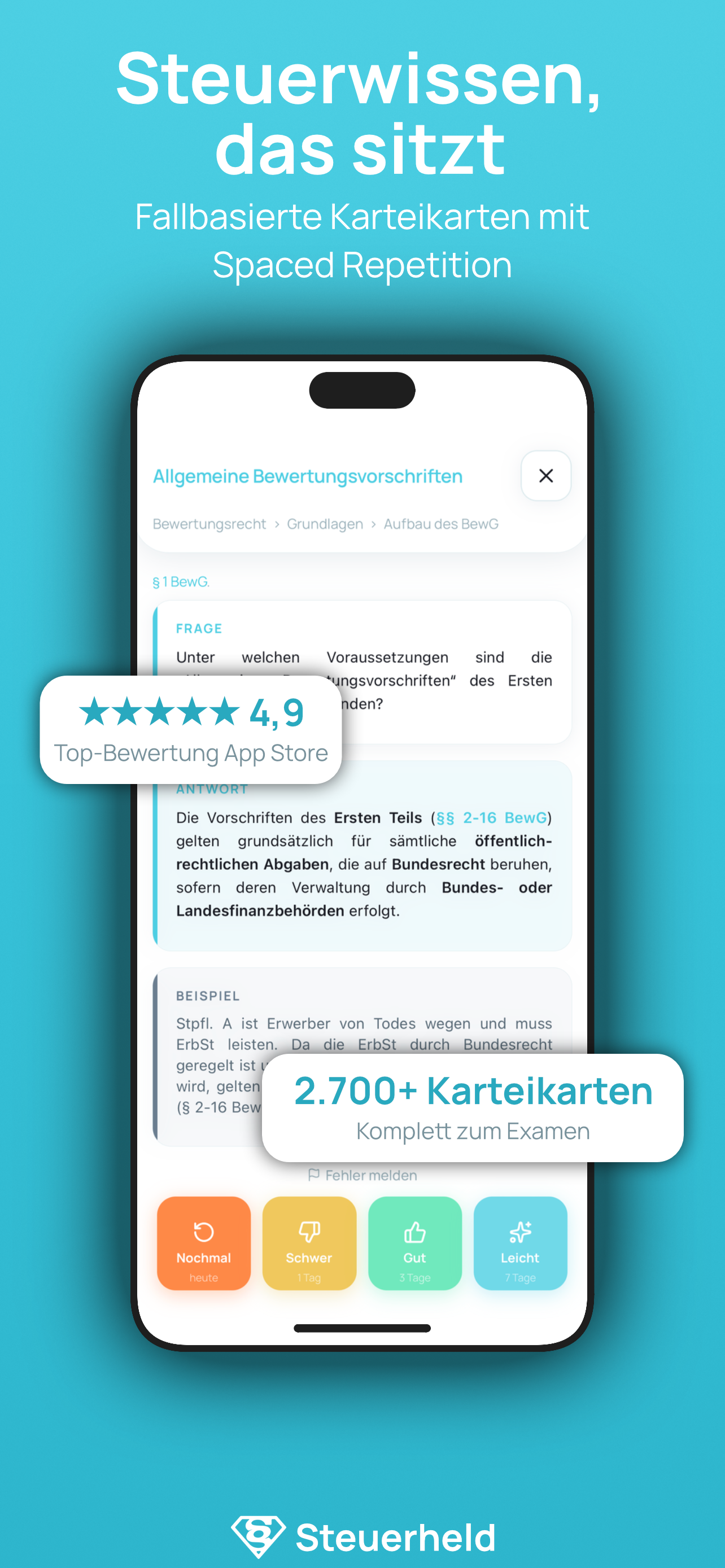 Karteikarte mit Frage, Erklärung und §-Verweis