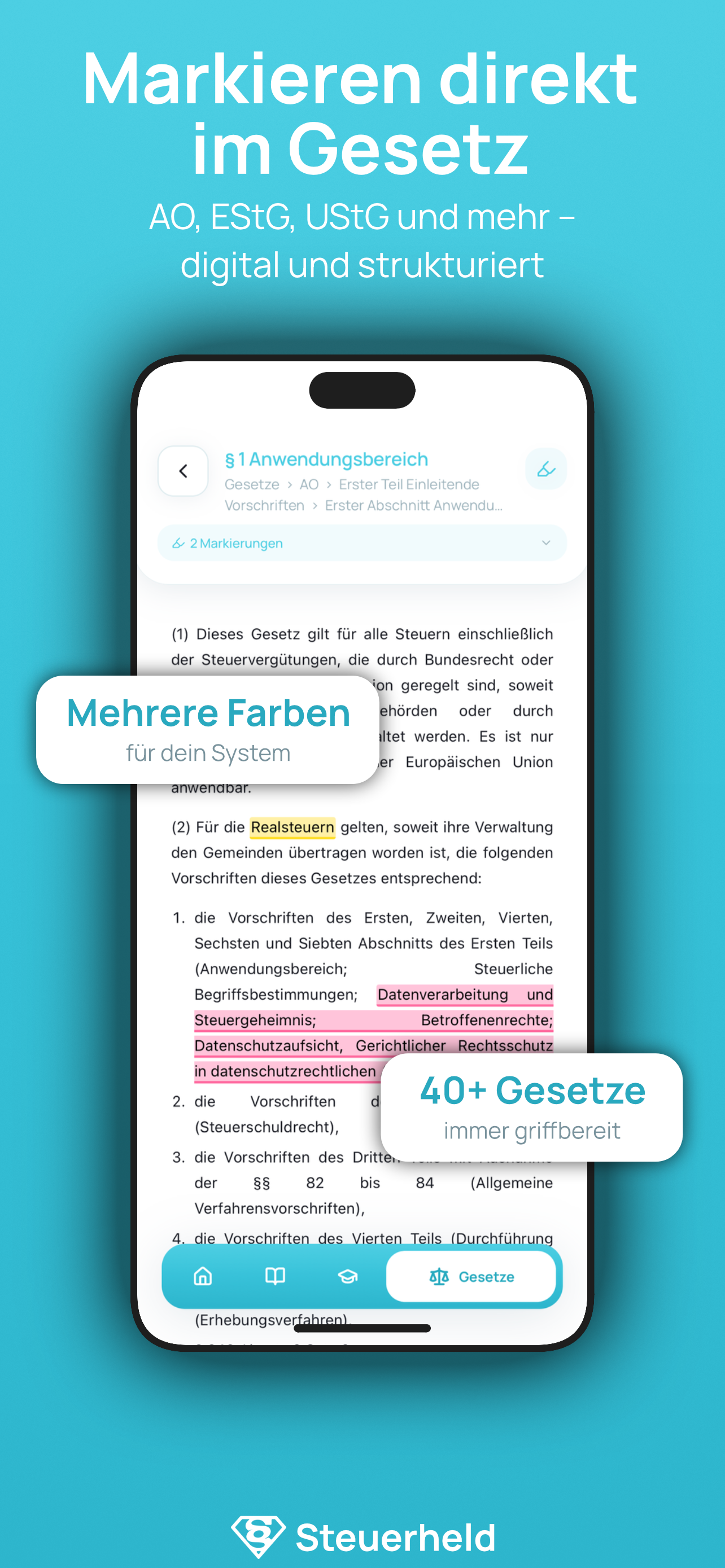 Gesetzesparagraph mit farbigen Markierungen und 40+ Gesetzen