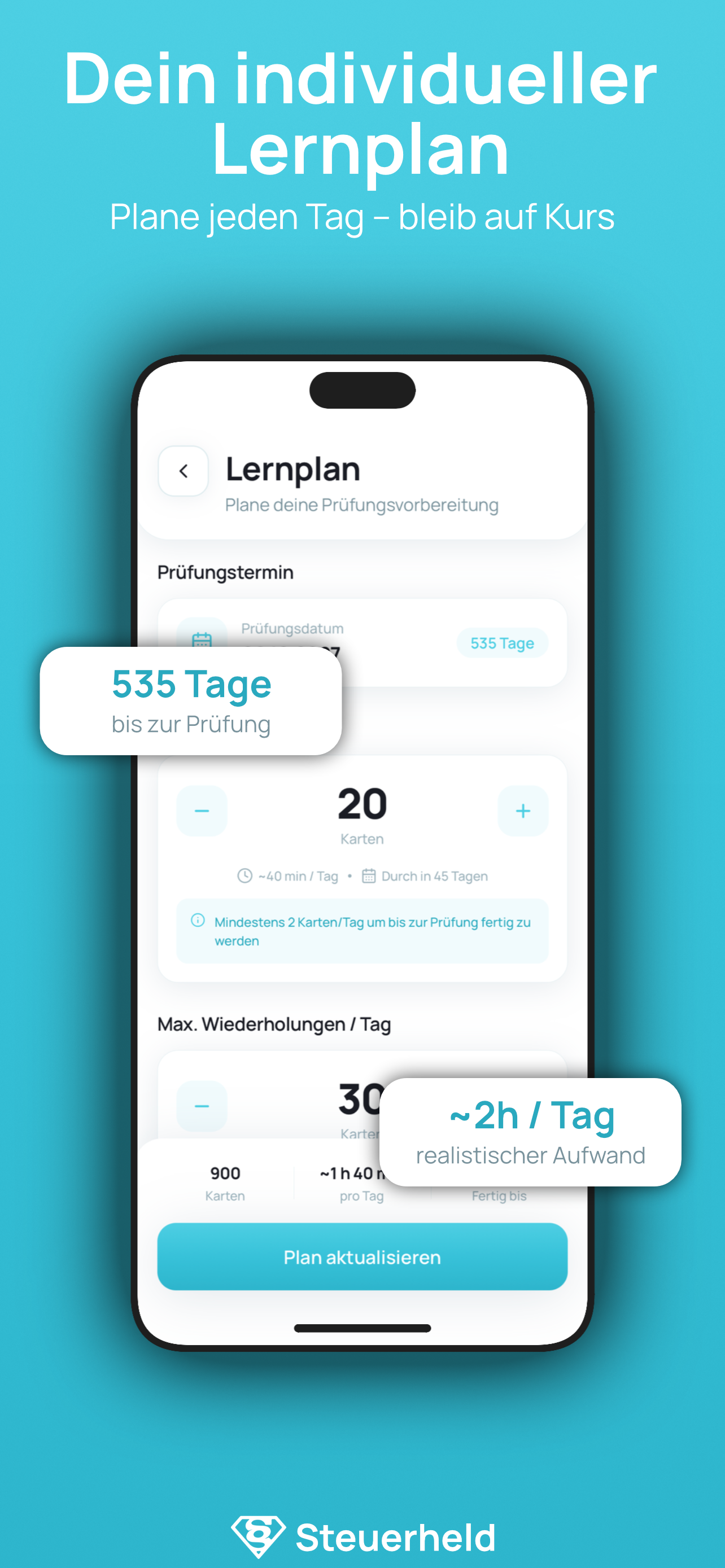 Lernplan mit Prüfungsdatum, Karten pro Tag und Wiederholungen
