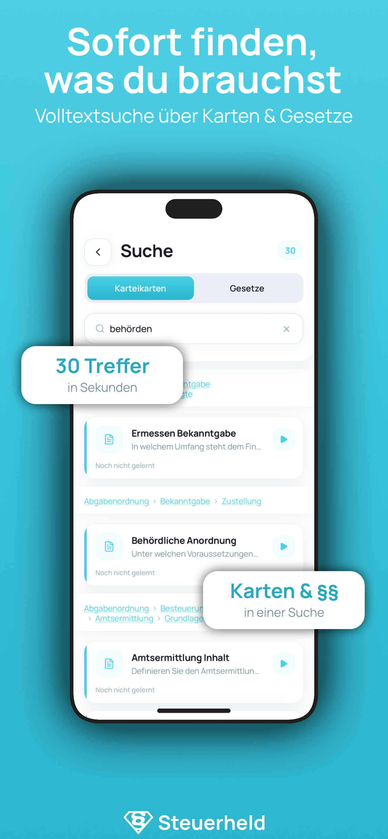 Volltextsuche über Karteikarten und Gesetze